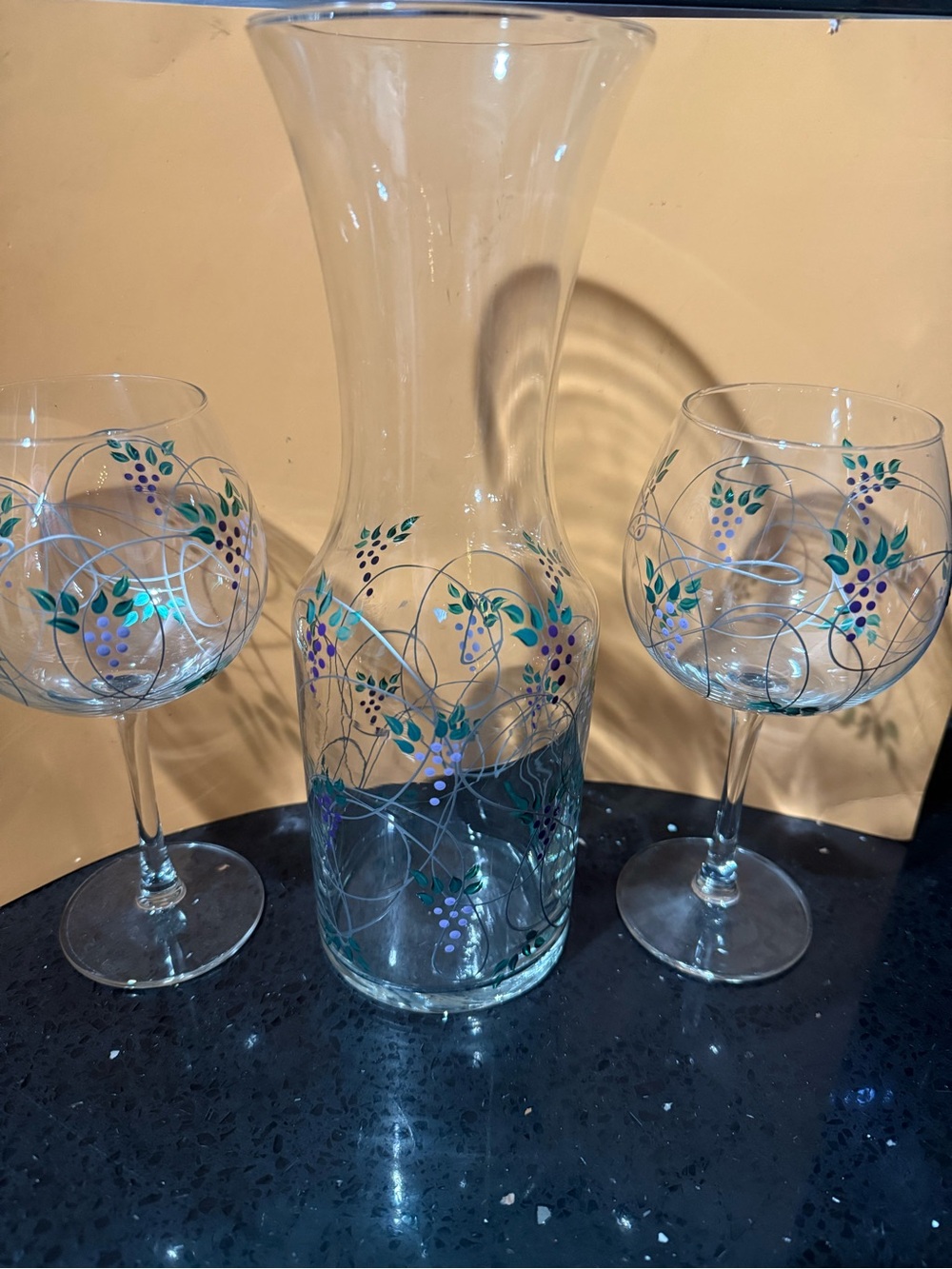 Hand Painted Carafe and 2 matching Goblets
